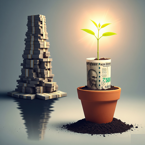 A large pile of money on one side, and a single 500 rupee note growing into a plant on the other.