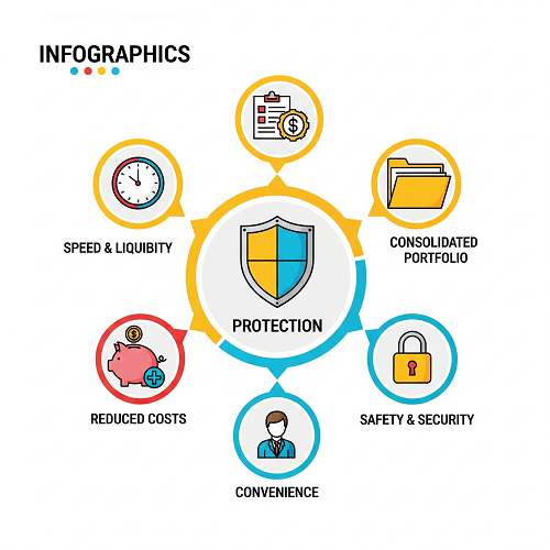 Infographic showing the key benefits of a Demat Account.
