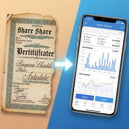 An old physical share certificate transforming into a modern digital icon.